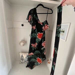 Tropical Print Black One Shoulder Dress- Roz & Ali